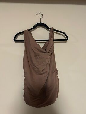 One-Shoulder Draped Midi Dress in Taupe